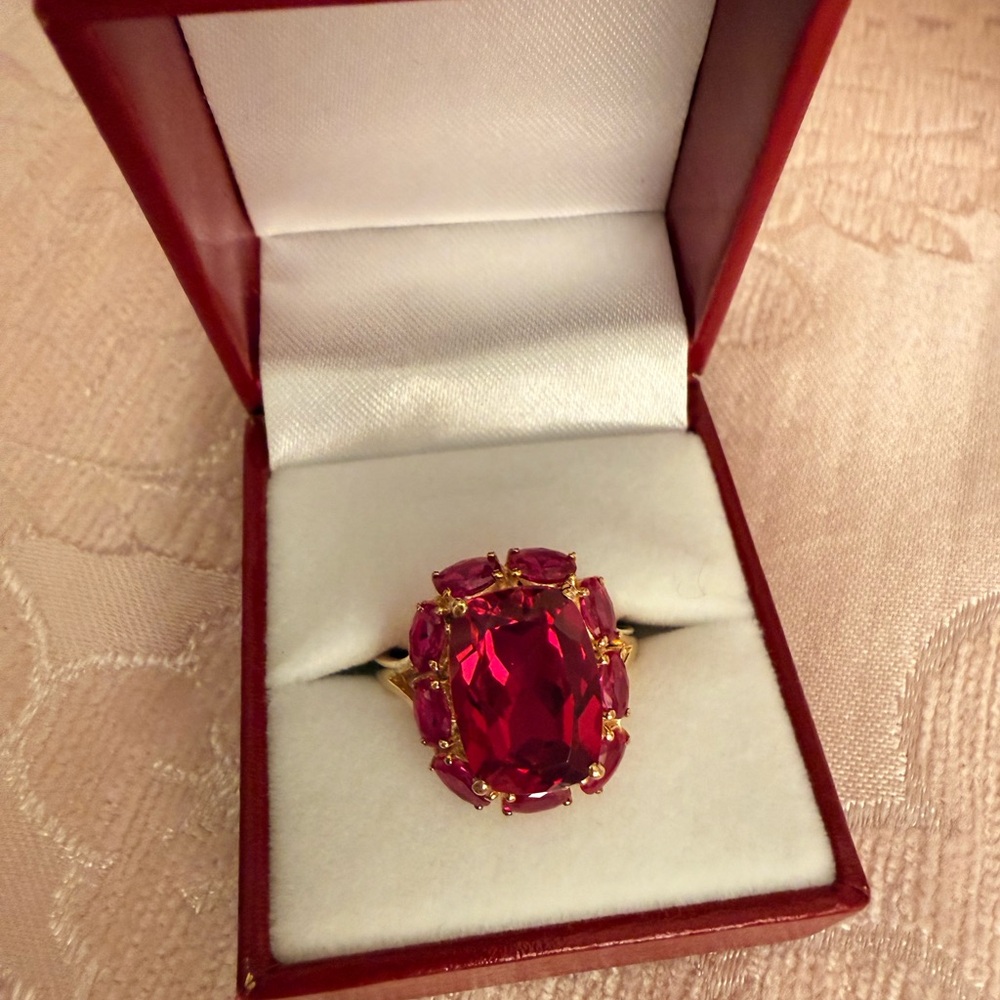 Radiant Ruby Red Gemstone Ring In Gold Plated Set… - image 7